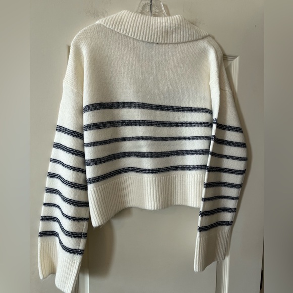 Steve Madden Navy and White Designer Collar Striped Sweater Women’s Medium - Picture 5 of 15